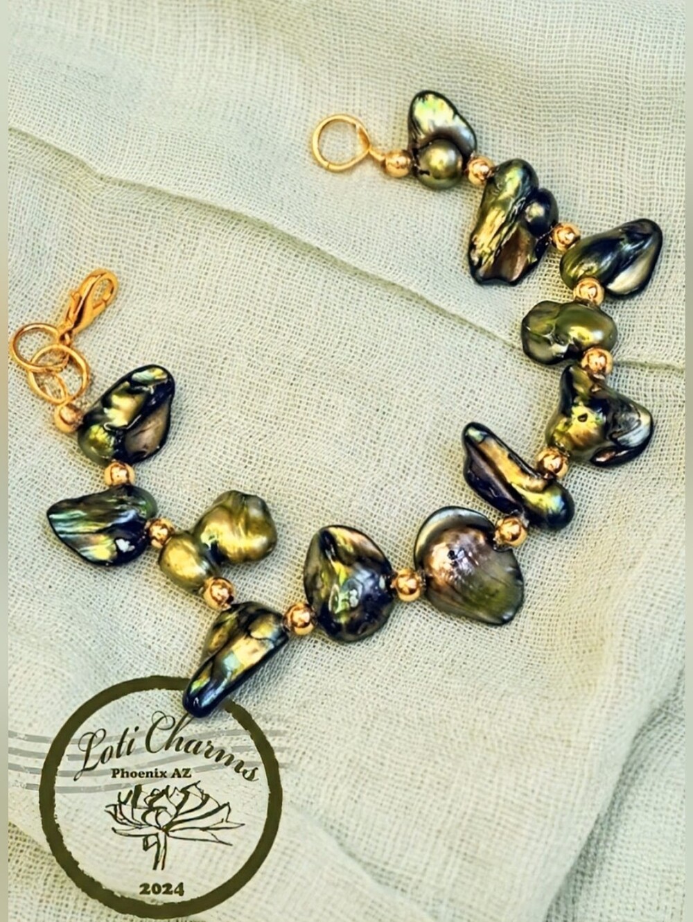 Green Seaweed Petals & Vine Genuine Keishi Pearls In Gold Plated Bracelet